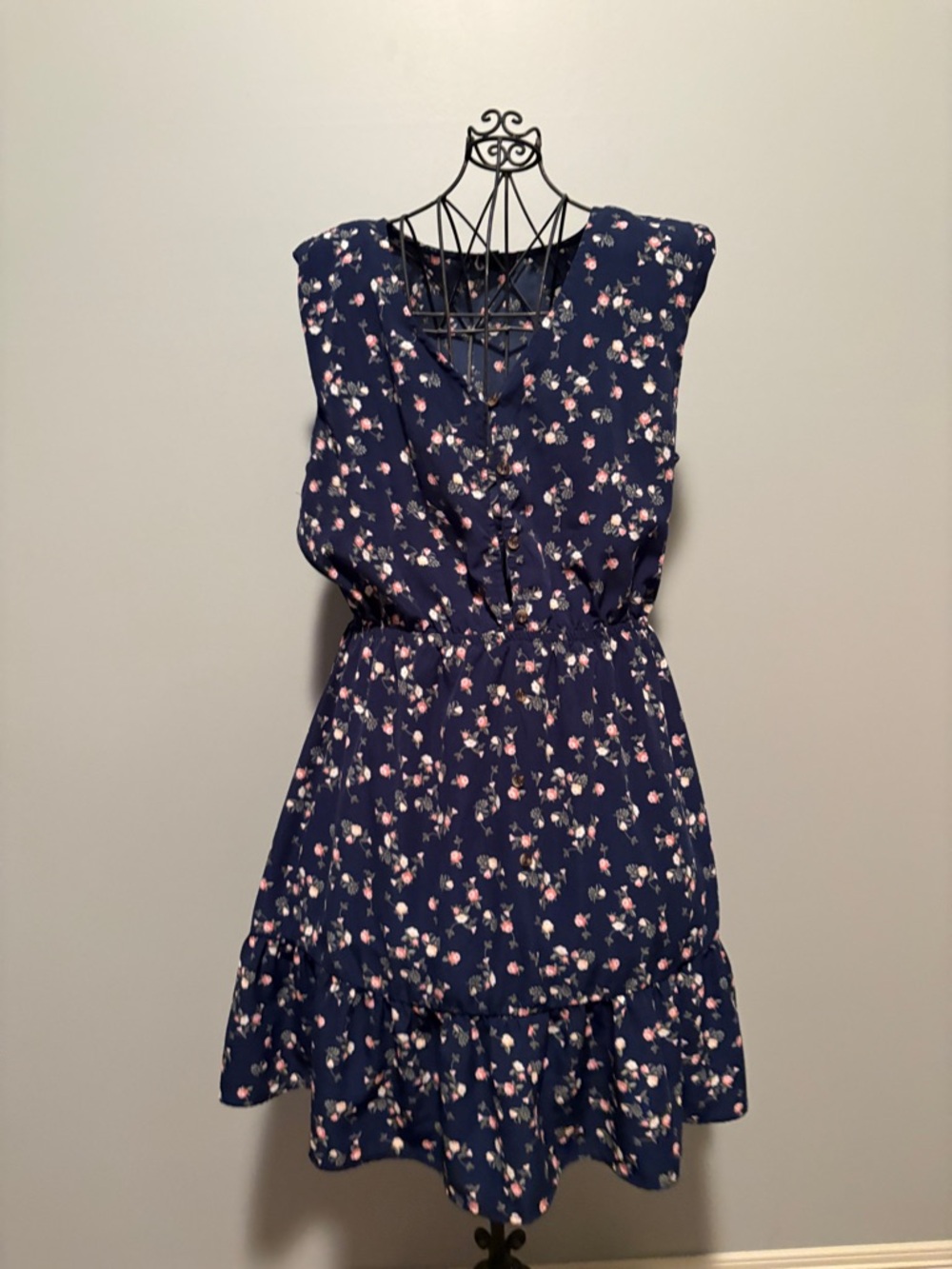 Sleeveless Navy Floral Ruffle Summer Dress